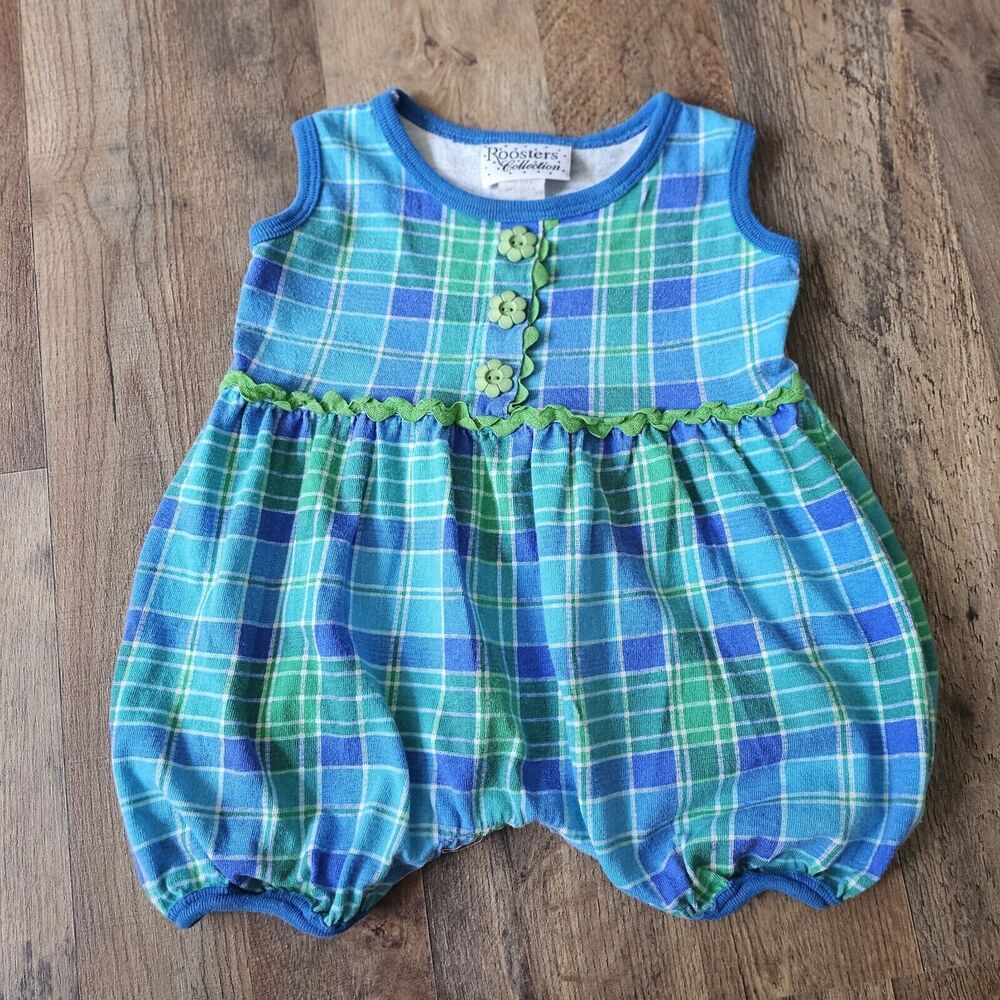 Vintage Rooster Collections Romper One piece Green Blue Checkered Cotton Sz 18M